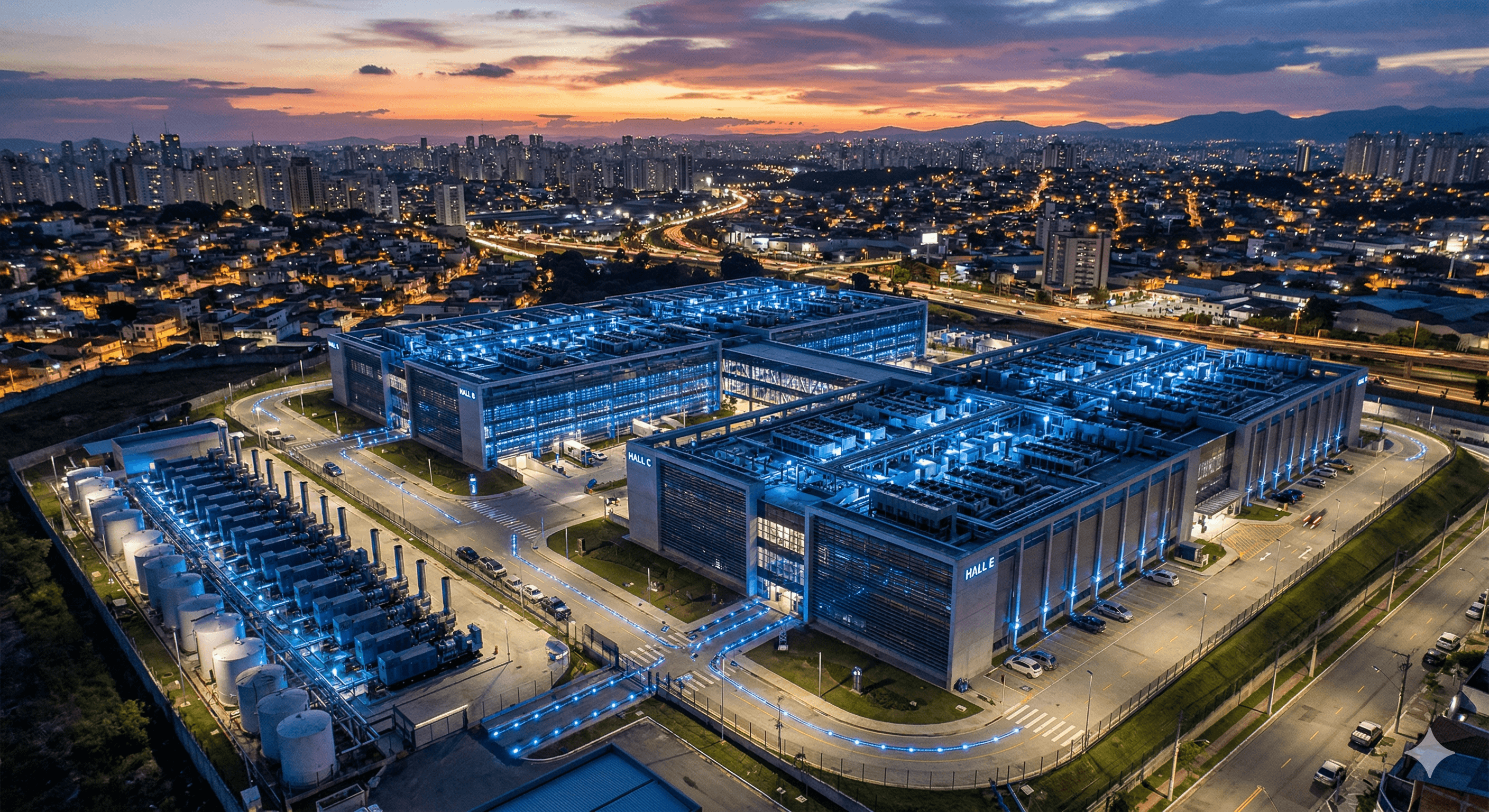 Data center campus with blue LED lighting at dusk in Latin America