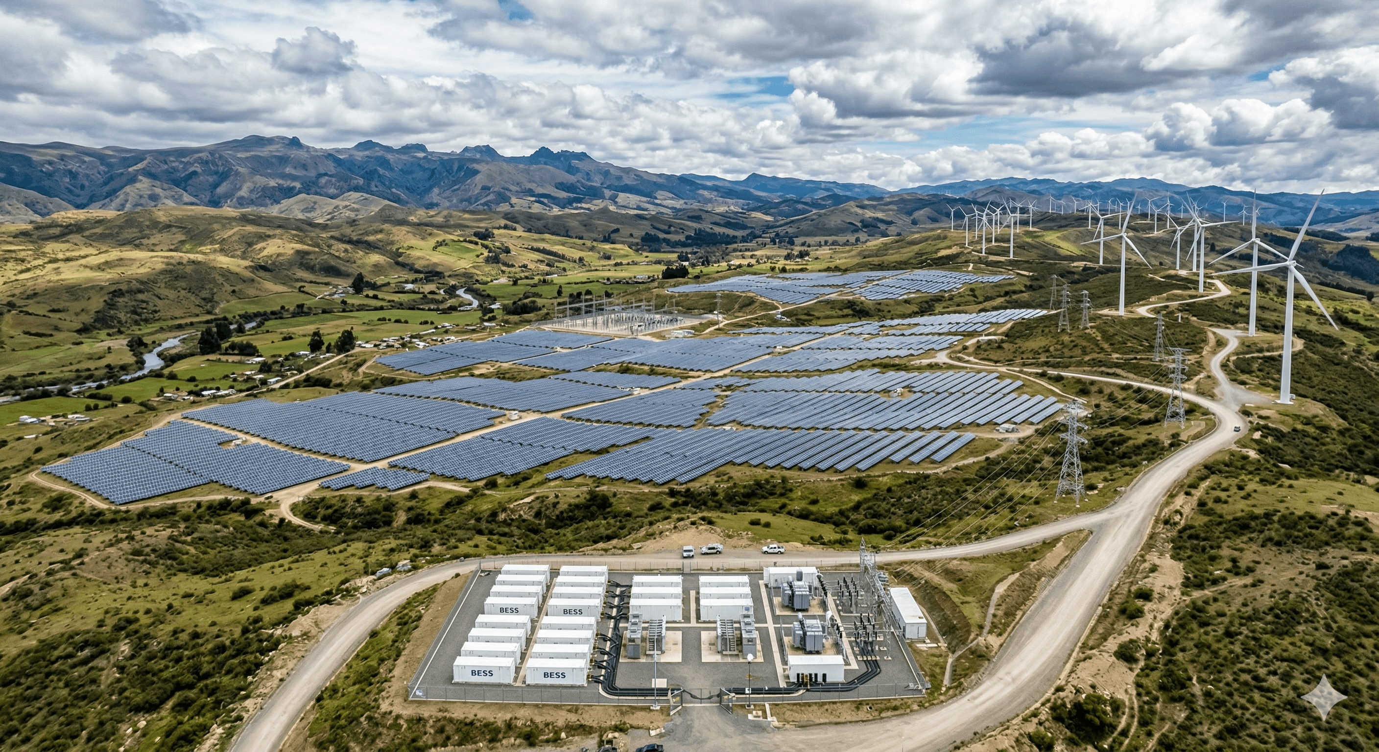 Solar farm with wind turbines and battery storage supporting the energy transition